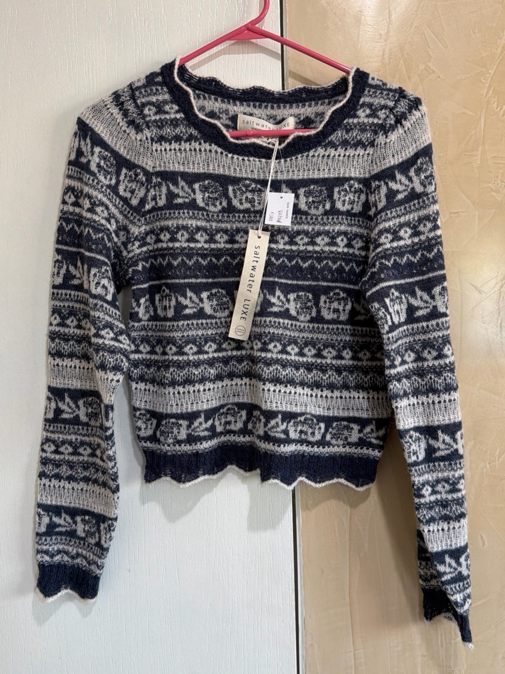 saltwater LUXE Navy and Cream Fair Isle Crewneck Sweater - Picture 5 of 6